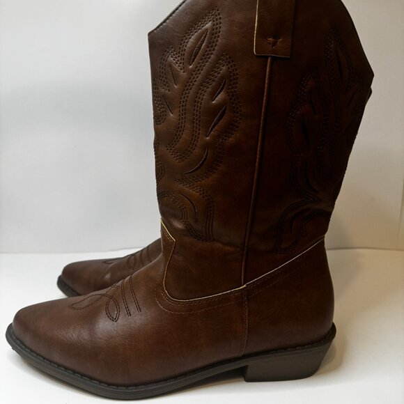 Women's Faux Leather Western Cowboy Mid Block Heel Boots, Dark Tan , Size 10 - Picture 1 of 5